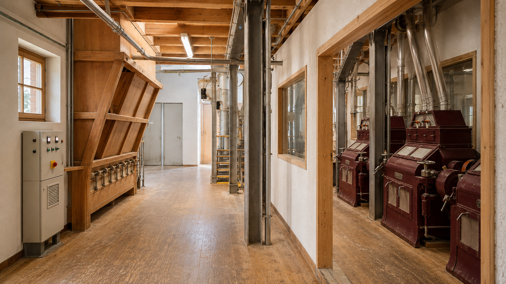 Blick in die Zeller Mühle mit Abfülltrichter und drei historischen Walzenstühlen